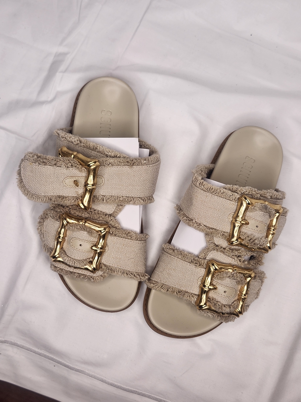 Women's Beige Double-Strap Slide Sandals with Gold Buckles